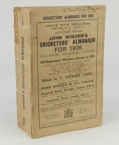 Wisden Cricketers&rsquo; Almanack 1926. 63rd edition. Original paper wrappers. Slight discolouration to wrappers, very minor soiling to wrappers, minor wear and stain to spine paper, handwritten name to top of the front wrapper in ink otherwise in good conditio