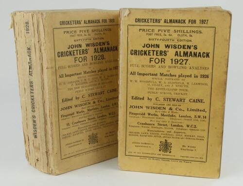 Wisden Cricketers&rsquo; Almanack 1927 and 1928. 64th & 65th editions. Original paper wrappers. Both editions with some breaking to spine blocks, page sections becoming loose, both editions with some wear to wrappers and spine papers with some loss to both othe