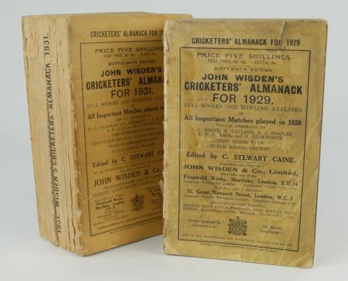 Wisden Cricketers&rsquo; Almanack 1929 and 1931. 66th & 68th editions. Original paper wrappers. Both editions with some breaking to spine blocks, page sections becoming loose, both editions with some wear to wrappers and spine papers with some loss to both, the