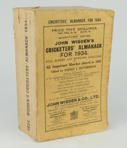 Wisden Cricketers&rsquo; Almanack 1934. 71st edition. Original paper wrappers. Some light foxing to front wrapper, small loss to rear wrapper corner, slight bow to the spine otherwise in good condition