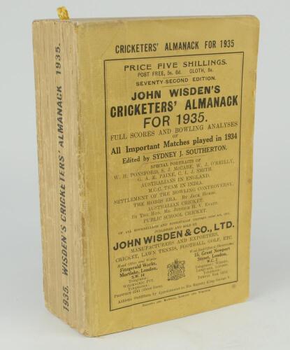 Wisden Cricketers&rsquo; Almanack 1935. 72nd edition. Original paper wrappers. Some light wear to wrappers and spine paper, odd minor faults otherwise in good condition