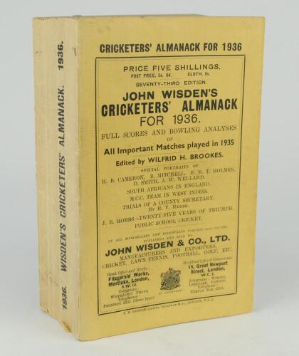 Wisden Cricketers&rsquo; Almanack 1936. 73rd edition. Original paper wrappers. Very slight bowing to spine, odd very minor faults otherwise in good/very good condition