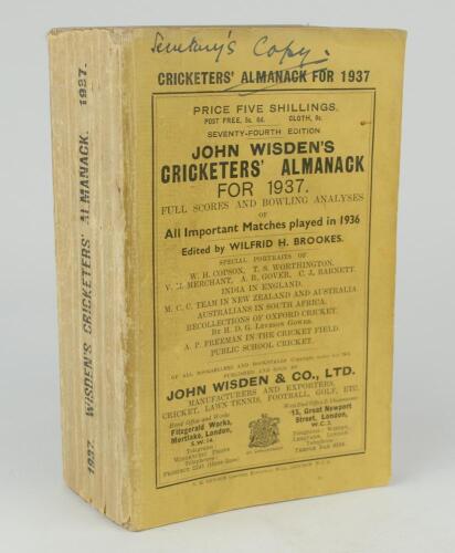 Wisden Cricketers&rsquo; Almanack 1937. 74th edition. Original paper wrappers. Slight wear to wrappers and spine paper, &lsquo;Secretary&rsquo;s Copy&rsquo; handwritten to top border of front wrapper otherwise in good condition