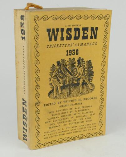 Wisden Cricketers&rsquo; Almanack 1938. 75th edition. Original cloth covers. Slight bowing to spine, minor soiling to spine paper and rear cover otherwise in good condition