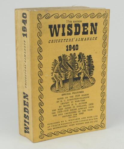 Wisden Cricketers&rsquo; Almanack 1940. 77th edition. Original limp cloth covers. Slight soiling otherwise in good condition. Only 8000 copies printed in this war-time year