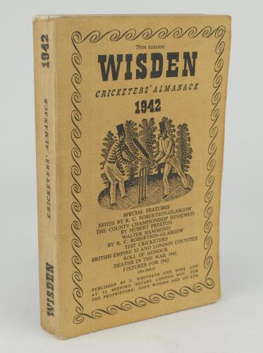 Wisden Cricketers&rsquo; Almanack 1942. 79th edition. Original limp cloth covers. Only 4100 paper copies printed in this war year. Slight discolouration and minor wear to rear cover, minor wear to head of spine paper, slight wear to front internal hinge otherwi