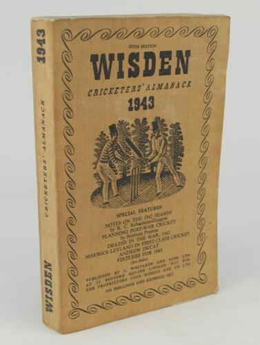 Wisden Cricketers&rsquo; Almanack 1943. 80th edition. Original limp cloth covers. Only 5600 paper copies printed in this war year. Some slight discolouration to covers and spine paper, very minor corner wear, slight bump to top right hand corner otherwise in go
