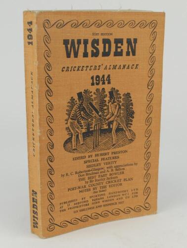 Wisden Cricketers&rsquo; Almanack 1944. 81st edition. Original limp cloth covers. Only 5600 paper copies printed in this war year. Name and date handwritten to the top border of the first advertising page otherwise in good+ condition. Rare war-time edition