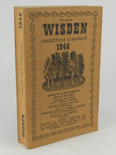 Wisden Cricketers&rsquo; Almanack 1946. 83rd edition. Original limp cloth covers. Slight bowing to spine, some darkening to covers, minor soiling to page block edge otherwise in good condition