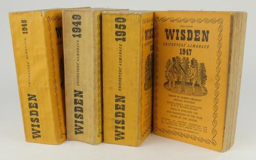Wisden Cricketers&rsquo; Almanack 1947 to 1950. Original limp cloth covers. Minor bowing to the spines of the 1947 and 1949 editions, some staining and general wear to the covers, spines and page blocks of all four editions otherwise in good condition
