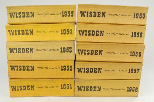 Wisden Cricketers&rsquo; Almanack 1951 to 1960. Original limp cloth covers. Minor bowing to the spines of the 1954, 1955, 1958, 1959 and 1960 editions, good general wear to the majority of the editions, slight colour discolouration to odd editions otherwise all
