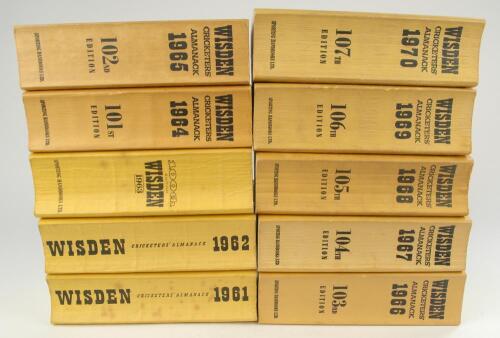Wisden Cricketers&rsquo; Almanack 1961 to 1970. Original limp cloth covers. Minor bowing to the spines of six editions to varying degree, general wear to the majority of the editions otherwise all in good condition. Qty 10