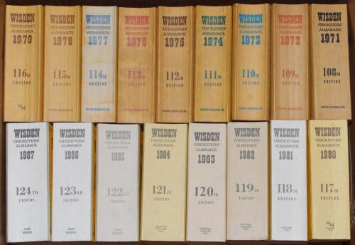 Wisden Cricketers&rsquo; Almanack 1971 to 2016. Original limp cloth covers. Minor bowing to the spines of odd editions to varying degree,some general wear and some fading and age toning to some spines otherwise all in good condition. Sold with a hardback editio