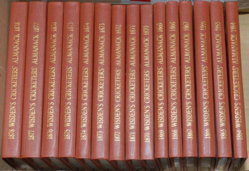 Wisden Cricketers&rsquo; Almanack 1864-1878. Fifteen facsimile editions published by John Wisden & Co Ltd, London 1991. Limited edition 426/1000. Brown hard board covers with gilt lettering to covers and spine. Lacking original yellow presentation box. Very goo