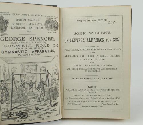 Wisden Cricketers&rsquo; Almanack 1887. 24th edition. Bound in blue/green boards, lacking original wrappers, with gilt titles to spine. Name handwritten in ink to top border of the first advertising page otherwise in very good condition. Pages checked, complete