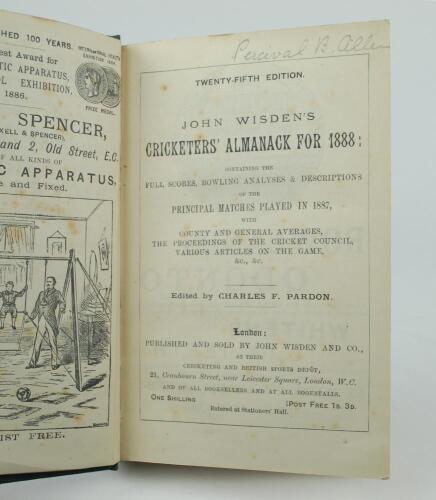 Wisden Cricketers&rsquo; Almanack 1888. 25th edition. Bound in blue/green boards, lacking original front wrapper, original rear wrapper preserved, with gilt titles to spine. Name handwritten in ink to top border of the title page, one rear advertising page with