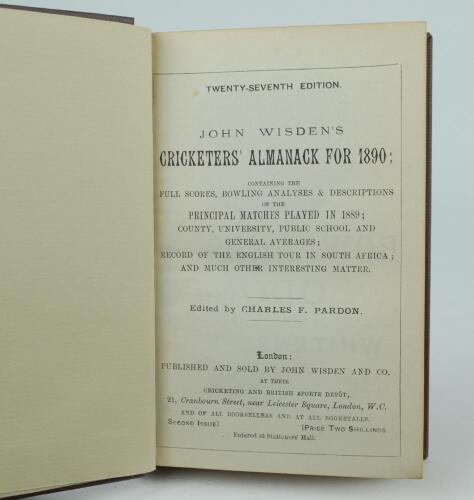 Wisden Cricketers&rsquo; Almanack 1890. 27th edition. Bound in brown boards, lacking original wrappers, with gilt titles to spine. Lacking front and rear advertising pages otherwise in very good condition. Pages checked, complete