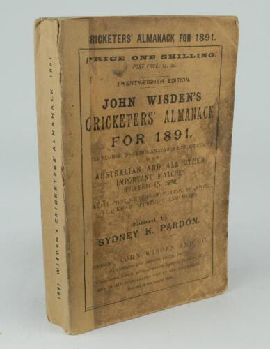Wisden Cricketers&rsquo; Almanack 1891. 28th edition. Original wrappers. Replacement spine paper. Wrappers are worn, stained, soiled and age toned with some wear to text and minor creasing, some breaking to front internal hinge, small tape repair to damage on p