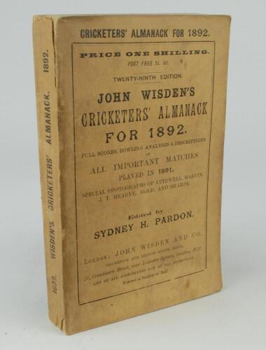 Wisden Cricketers&rsquo; Almanack 1892. 29th edition. Original wrappers. Light soiling to wrappers and spine paper, some soiling to page block edge, minor wear to internal hinges otherwise in good/very good condition