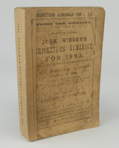 Wisden Cricketers&rsquo; Almanack 1893. 30th edition. Original wrappers. Replacement spine paper. Wrappers are worn, stained, soiled and age toned with some wear to text and minor creasing, breaking to front and rear internal hinges otherwise in generally good 