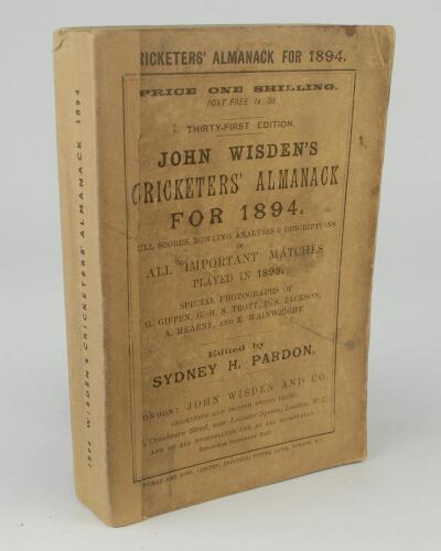 Wisden Cricketers&rsquo; Almanack 1894. 31st edition. Original wrappers. Replacement spine paper. Some wear and soiling to wrappers otherwise in good/very good condition