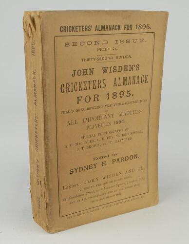 Wisden Cricketers&rsquo; Almanack 1895. 32nd edition. Second Issue. Original paper wrappers. Minor wear to spine paper with loss to the spine paper head otherwise in very good condition