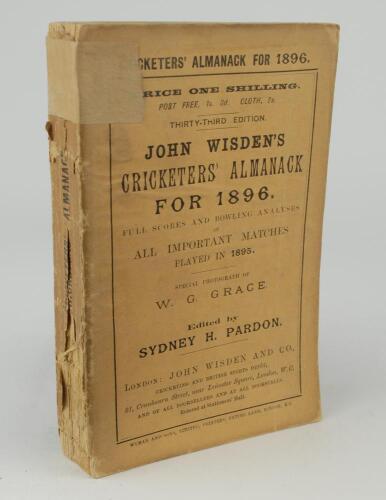 Wisden Cricketers&rsquo; Almanack 1896. 33rd edition. Original paper wrappers. Brown paper tape repair to top of spine, overlapping to the edge of the front and rear wrapper, some wear to wrappers and to spine paper with some loss, mark to rear wrapper and slig