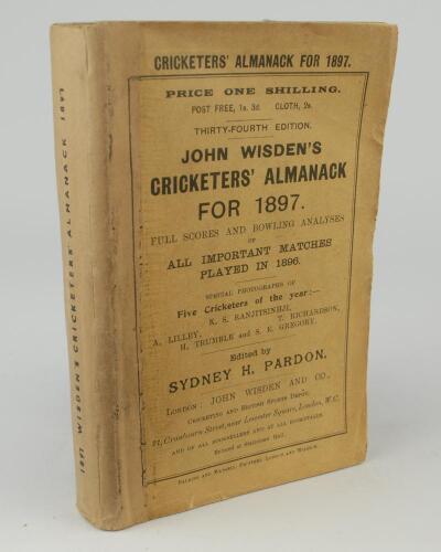 Wisden Cricketers&rsquo; Almanack 1897. 34th edition. Original paper wrappers. Replacement spine paper overlapping wrapper edges, wear with small loss to rear wrapper, breaking to internal hinges otherwise internal pages in good condition