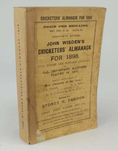 Wisden Cricketers&rsquo; Almanack 1898. 35th edition. Original wrappers. Replacement spine paper. Small loss to lower left hand corner of the front wrapper, soiling and wear to wrappers with some wear to text, broken rear internal hinge otherwise internally goo