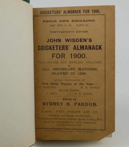 Wisden Cricketers&rsquo; Almanack 1900. 37th edition. Original paper wrappers, bound in green boards, with titles in gilt to spine. Loss to lower right hand corner of the front wrapper otherwise in very good condition