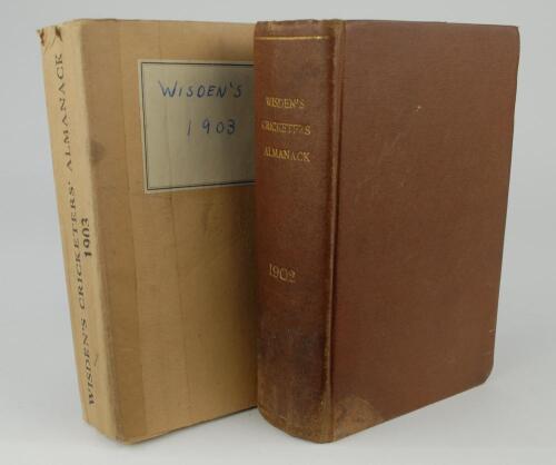 Wisden Cricketers&rsquo; Almanack 1902 and 1903. 39th & 40th editions. The 1902 edition bound in brown boards, with original darkened wrappers, with titles in gilt to spine. the front wrapper detached, distressed and in poor condition, the remainder of the book