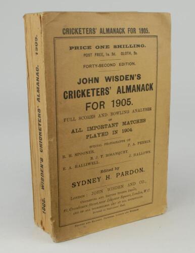 Wisden Cricketers&rsquo; Almanack 1905. 42nd edition. Original paper wrappers. Slight bowing to spine, very minor wear to spine paper otherwise in good/very good condition