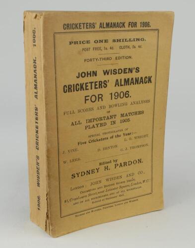 Wisden Cricketers&rsquo; Almanack 1906. 43rd edition. Original paper wrappers. Very minor wear to spine paper otherwise in good/very good condition