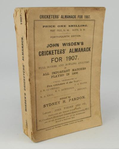 Wisden Cricketers&rsquo; Almanack 1907. 44th edition. Original paper wrappers. Some wear to spine paper with small loss, light soiling to wrappers and spine paper otherwise in generally good/very good condition