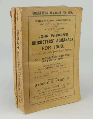 Wisden Cricketers&rsquo; Almanack 1908. 45th edition. Original paper wrappers. Minor horizontal crease to centre of the front wrapper, slight breaking to spine block otherwise in good/very good condition