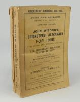 Wisden Cricketers’ Almanack 1908. 45th edition. Original paper wrappers. Minor horizontal crease to centre of the front wrapper, slight breaking to spine block otherwise in good/very good condition