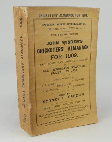 Wisden Cricketers&rsquo; Almanack 1909. 46th edition. Original paper wrappers. Minor wear to spine paper with small loss otherwise in generally good/very good condition