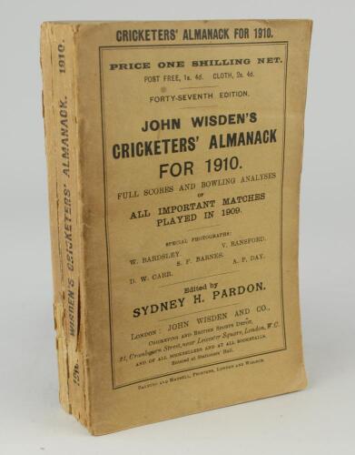 Wisden Cricketers&rsquo; Almanack 1910. 47th edition. Original paper wrappers. Some breaking to spine block, minor wear to spine paper with small loss otherwise in good/very good condition