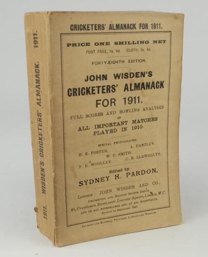 Wisden Cricketers&rsquo; Almanack 1911. 48th edition. Original paper wrappers. Very minor wear to spine paper, odd faults otherwise in good/very good condition