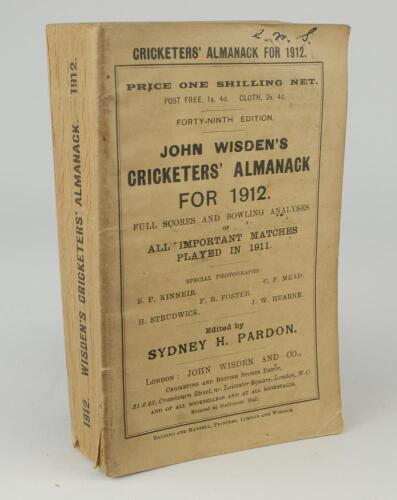 Wisden Cricketers&rsquo; Almanack 1912. 49th edition. Original paper wrappers. Minor wear to spine paper, handwritten initials to top border of front wrapper in ink, slight soiling, very slight breaking to the bottom of the front wrapper otherwise in generally 