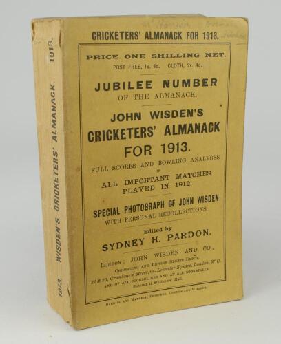 Wisden Cricketers&rsquo; Almanack 1913. 50th (Jubilee) edition. Original paper wrappers. Name handwritten to the top border of the front wrapper, minor wear otherwise in good/very good condition