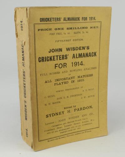 Wisden Cricketers&rsquo; Almanack 1914. 51st edition. Original paper wrappers. Minor wear to spine paper, odd minor faults otherwise in good/very good condition