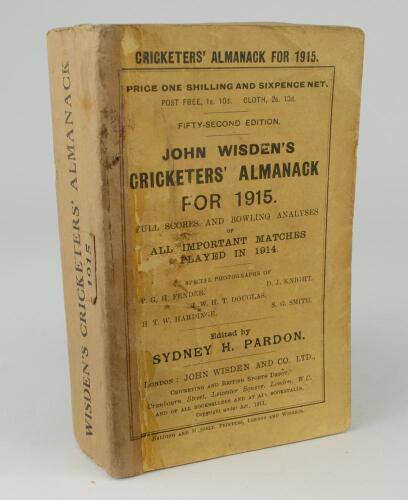 Wisden Cricketers&rsquo; Almanack 1915. 52nd edition. Original paper wrappers. Replacement spine. Some soiling and staining to wrappers, the replacement spine paper a little crudely applied otherwise in good condition