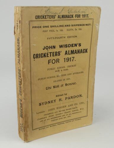 Wisden Cricketers&rsquo; Almanack 1917. 54th edition. Original paper wrappers. Some general wear to wrappers with small loss to bottom corner of the rear wrapper and to a lesser extent the last advertising page, handwritten signature to top border of the front 