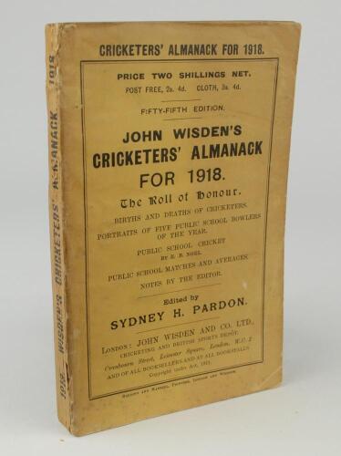 Wisden Cricketers&rsquo; Almanack 1918. 55th edition. Original paper wrappers. Some general wear to wrappers, very minor wear to the spine paper otherwise in very good condition. Rare war-time edition