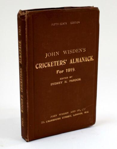 Wisden Cricketers&rsquo; Almanack 1919. 56th edition. Original hardback. Original minor crease to right hand corner of the front board, minor wear to head and base of spine paper, light scratch to rear board, very minor ink mark to spine paper otherwise in very