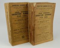 Wisden Cricketers’ Almanack 1920 and 1921. 57th & 58th editions. Original paper wrappers. Both editions with some breaking to spine block. The 1920 edition with almost total loss to spine paper, darkening to edge of wrappers nearest to spine, some wear an