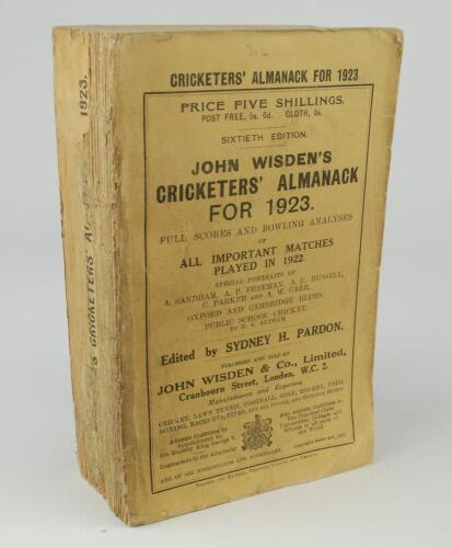 Wisden Cricketers&rsquo; Almanack 1923. 60th edition. Original paper wrappers. Heavy wear to spine paper with some loss, bump to rear of the book causing pages to bend at the corner otherwise in good condition