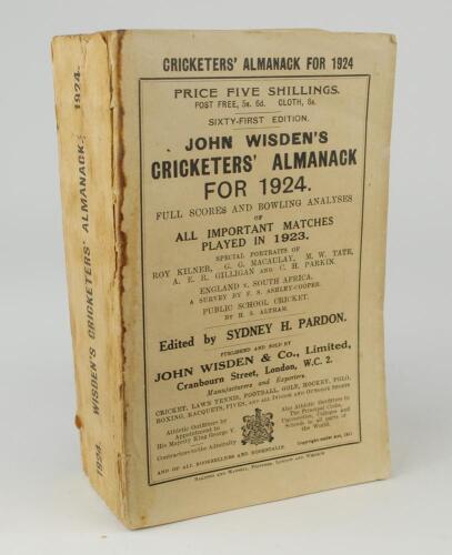 Wisden Cricketers&rsquo; Almanack 1924. 61st edition. Original paper wrappers. Some wear and staining to spine paper with small loss, breaking to spine block at the front of the book otherwise in generally good/very good condition