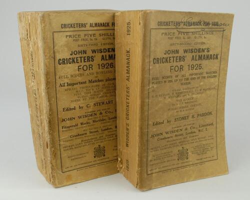 Wisden Cricketers&rsquo; Almanack 1925 and 1926. 62nd & 63rd editions. Original paper wrappers. Wear and soiling to the wrappers of both edition, both editions with slight warping to book, the 1925 edition with slight breaking to front internal hinge, internall
